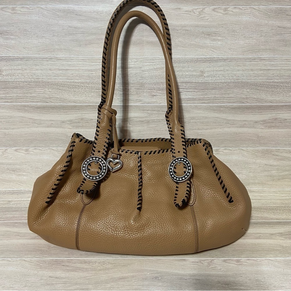 BRIGHTON / Rayann Camel/Tan Pebble Leather Shoulder Bag with Black Stitching